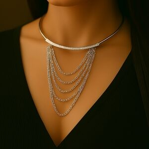 Elegant Silver-Tone Multi-Layer Chain Statement Necklace Women's Fashion Jewelry